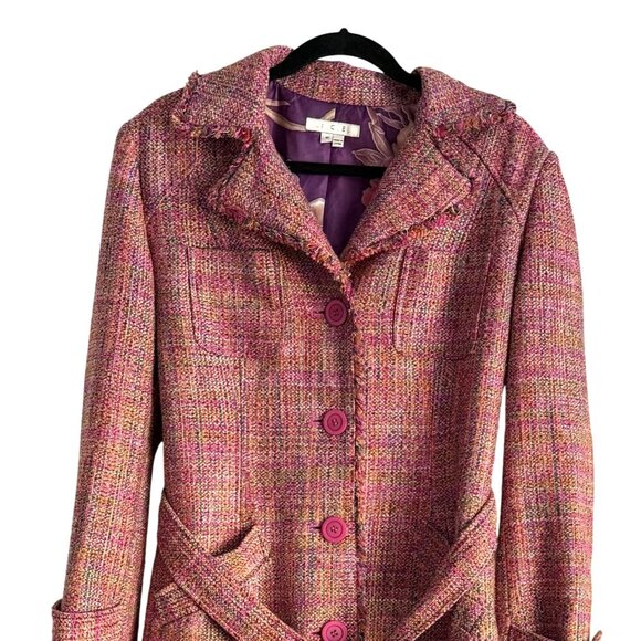 Y2K Pink Purple Coat Tweed Long I.C.E. Size 10 Belted Silk Blend Pastel - Picture 2 of 7